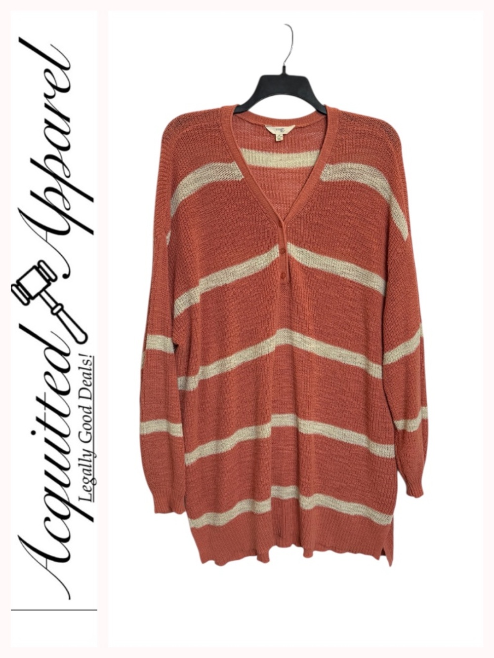 Terra & Sky Rust & Cream Striped Button V-Neck Knit Pullover Sweater 1X